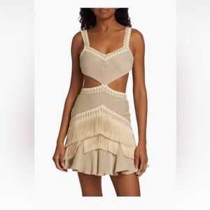 PatBO Cream Fringe Cutout Mini Dress